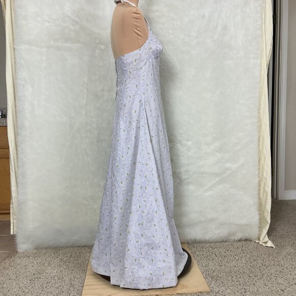 Vintage 70s Halter Neck Lilac Purple Flocked Daisy Floral Print Maxi Dress S - Picture 5 of 7
